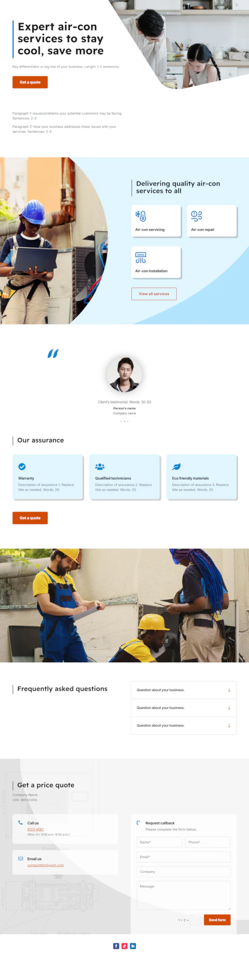 Screenshot of air-con servicing website home page designed by Emerge mLab