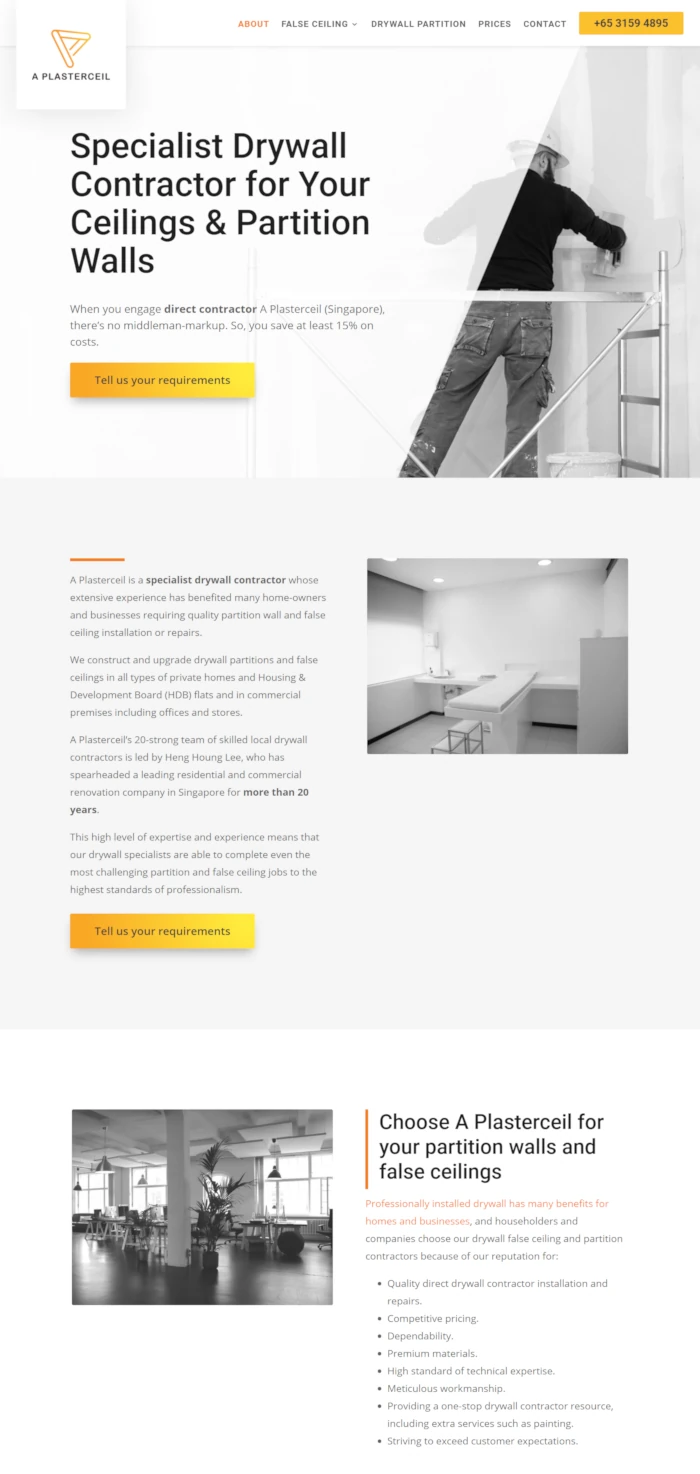 Emerge mLab client A Plasterceil's website home page screen shot