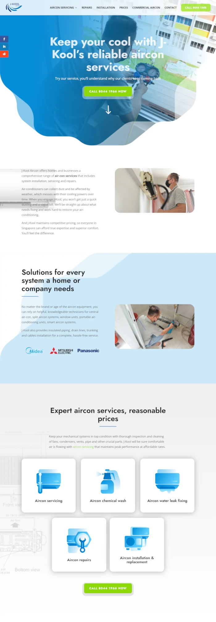 Emerge mLab client J-Kool Aircon's website home page screen shot
