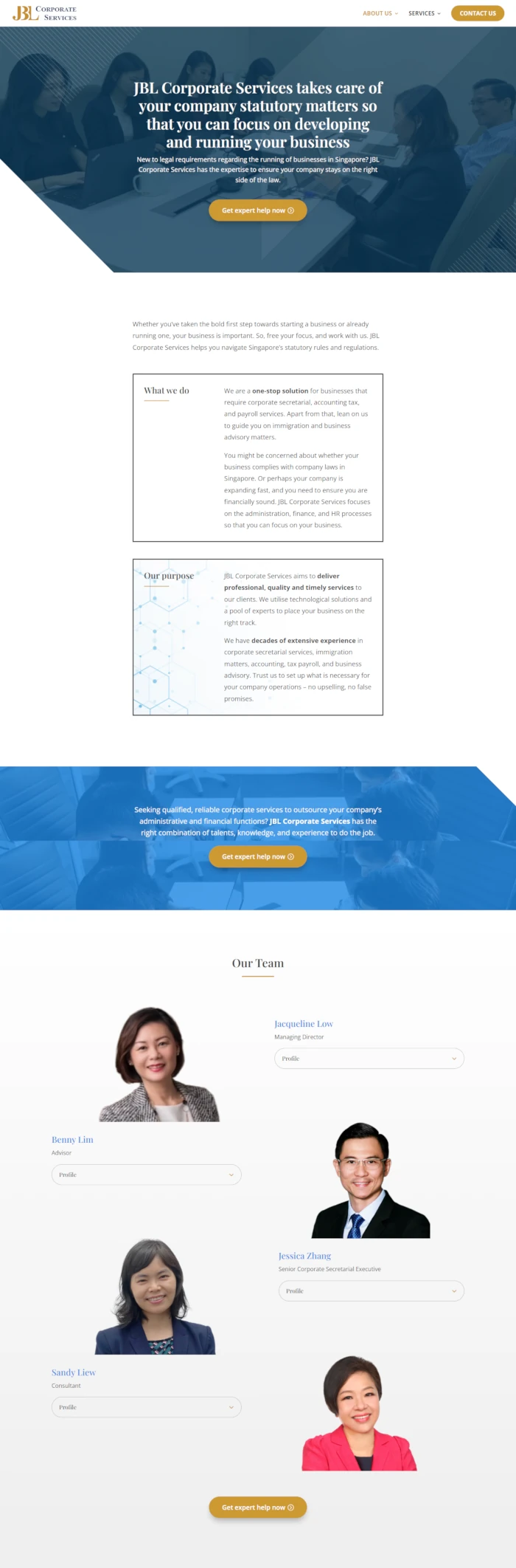Emerge mLab client JBL Corporate Services' website home page screen shot