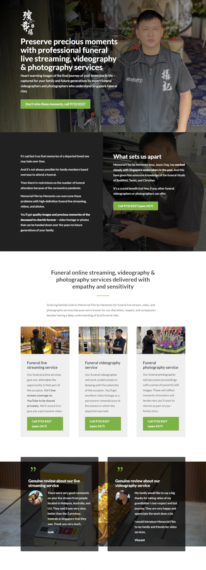 Emerge mLab client Memorial Film's website home page screen shot