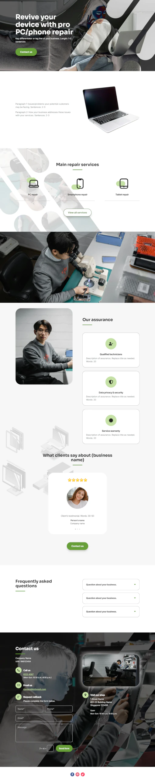 Screenshot of PC/phone repair website home page designed by Emerge mLab