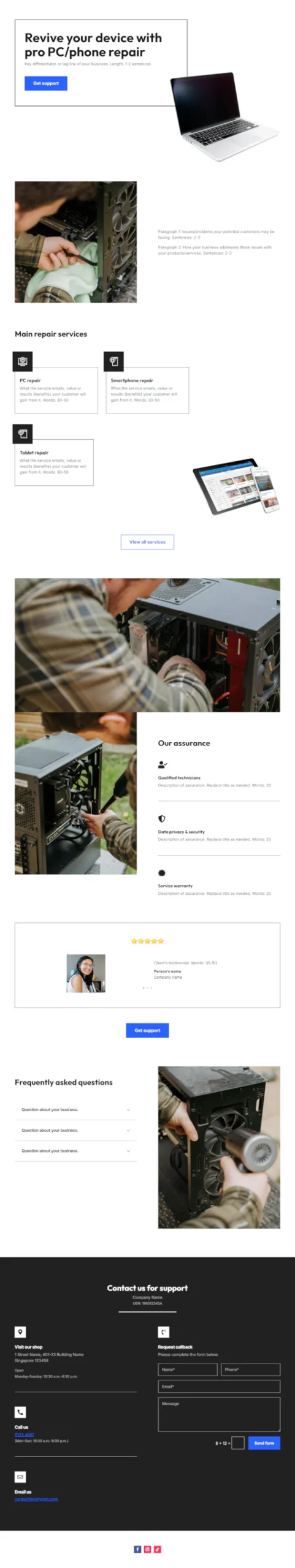 Screenshot of PC/phone repair website home page designed by Emerge mLab