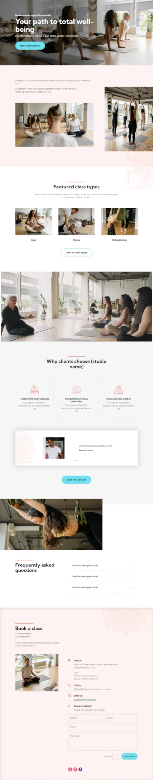 Screenshot of yoga/pilates studio website home page designed by Emerge mLab