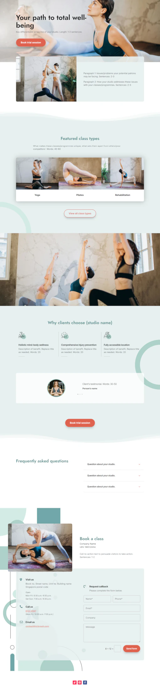 Screenshot of yoga/pilates studio website home page designed by Emerge mLab